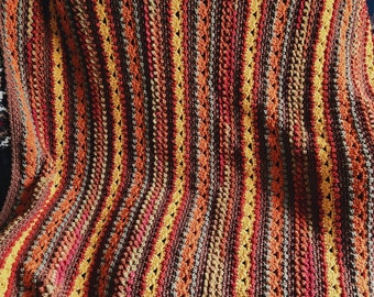 Textured Stripes Crochet Afghan Throw Blanket Fall Red Orange Yellow Green Brown