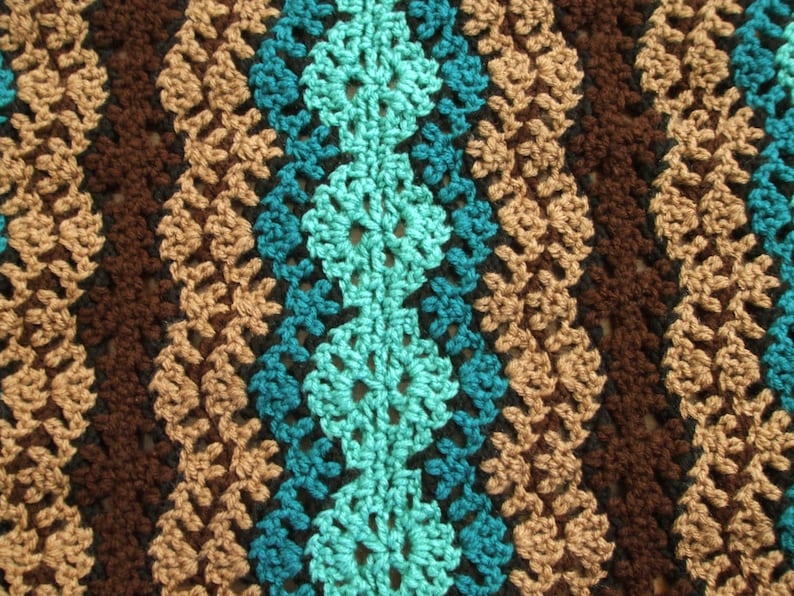 Striped Afghan in Brown and Teal Crochet Throw Blanket image 5