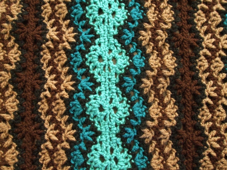 Striped Afghan in Brown and Teal Crochet Throw Blanket image 4