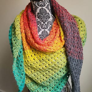 Crochet Asymmetric Triangle Shawl Wrap Scarf - Gray Red Yellow Green
