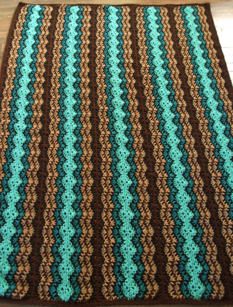 Striped Afghan in Brown and Teal Crochet Throw Blanket image 3