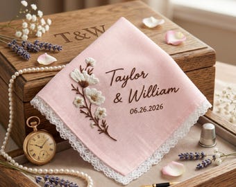 Custom Embroidered Wedding Handkerchief, Bridal Hankie, Hand-Embroidered Flower For Wedding, Wedding Gift for Her