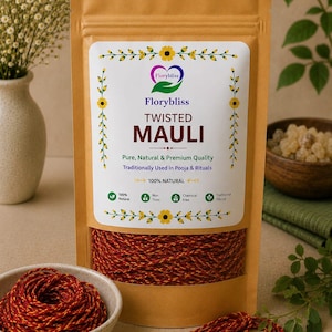 May include: A tan stand-up pouch containing twisted red and yellow mauli thread. The label features the Florybliss logo, the text TWISTED MAULI, and claims of being pure, natural, and chemical-free. A bowl of the same thread sits in the foreground.