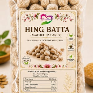 May include: A clear plastic bag filled with Hing Batta (Asafoetida Candy). The label features the FloryBliss logo, floral accents, and nutritional information. The candy appears to be small, round, and light brown.