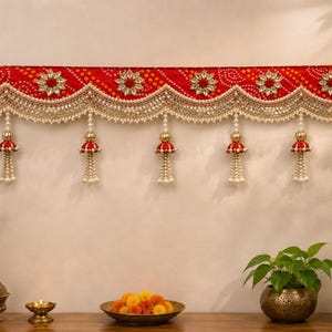 Red Bandhej Bandarwal Door Hanging Toran with Pearl Tassels – Festive Indian Home Decor