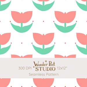 May include: A seamless pattern featuring stylized coral pink tulips with mint green leaves on a white background, accented by small red dots. A horizontal band displays the text Wonder Post STUDIO 300 DPI 12x12 Seamless Pattern.