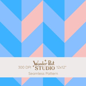 May include: A seamless pattern featuring a repeating chevron design in shades of light blue, bright blue, and soft pink. A white horizontal band across the center displays the text Wonder Post STUDIO 300 DPI 12x12" Seamless Pattern.