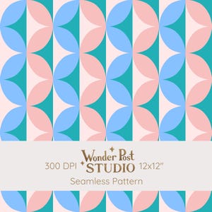 May include: A seamless pattern featuring a repeating geometric design of interlocking circles in light blue, soft pink, and teal. A white horizontal band displays the text Wonder Post STUDIO 300 DPI 12x12 Seamless Pattern.