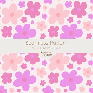 Purple Pink Simple Flower Seamless Pattern – Hand-drawn Tileable Repeat Design (JPG, 12x12", 300 DPI)
