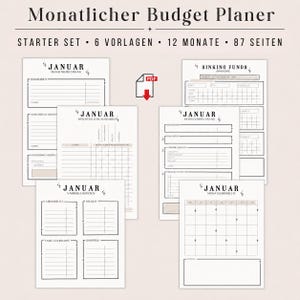 May include: A collection of printable budget planner pages in a PDF format. The pages are beige with black text and include sections for income, expenses, and monthly overviews. The title "Monatlicher Budget Planer" is at the top.