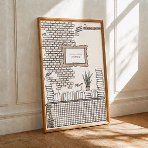 May include: A framed reading journal poster with a light beige background. The poster features a brick wall design, a bookshelf, and a grid for tracking. Text includes "Reading Journal Poster," "Goals," and month names. A small plant sits on the bookshelf.