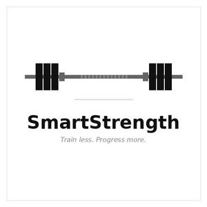 May include: A minimalist logo featuring a barbell with black weight plates on each end. The text "SmartStrength" is below the barbell, with the tagline "Train less. Progress more." in a smaller font, all on a white background.