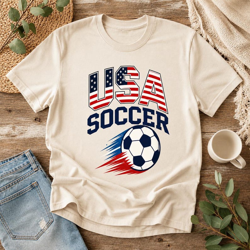 May include: Cream-colored t-shirt featuring the text "USA SOCCER" in blue and red. The word "USA" is designed with the American flag. A soccer ball with blue and red speed lines is below the text. The shirt is displayed on a wooden surface.