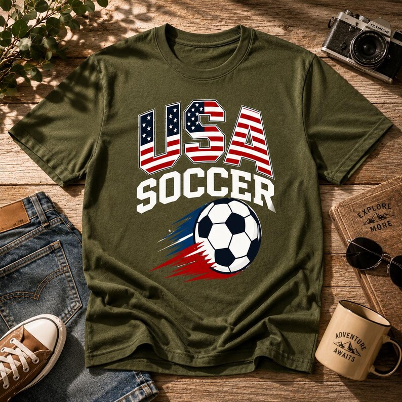 May include: Olive green t-shirt with "USA SOCCER" text and a soccer ball graphic. The text "USA" is designed with the American flag. The soccer ball has black and white panels with red and blue motion lines.
