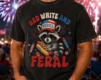 Comfort Colors® Feral & Free Raccoon Shirt, Funny 4th of July Shirt, USA Independence Day Tee, Patriotic Raccoon Gift