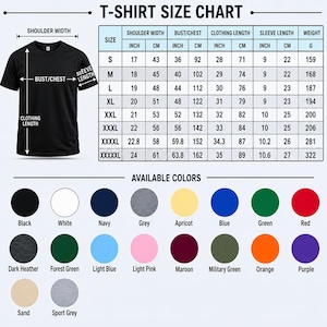May include: A black t-shirt with size chart and color options. The chart shows measurements in inches and centimeters for shoulder width, bust/chest, clothing length, and sleeve length. Available colors include black, white, navy, and more.