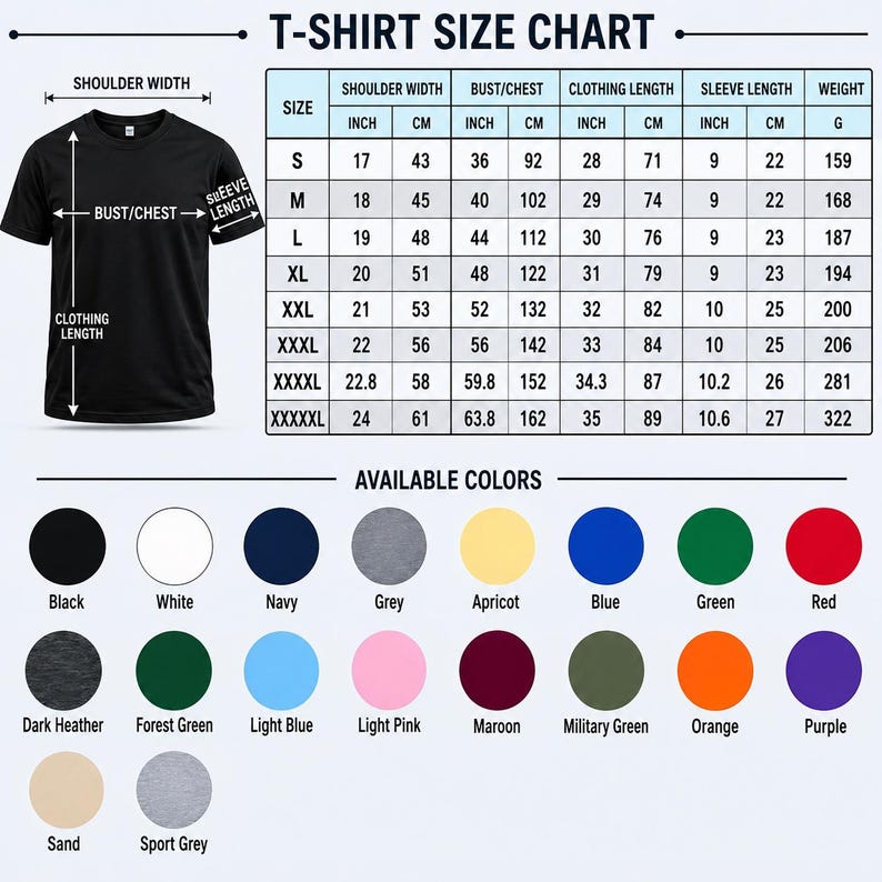 May include: A black t-shirt with size chart and color options. The chart shows measurements in inches and centimeters for shoulder width, bust/chest, clothing length, and sleeve length. Available colors include black, white, navy, and more.