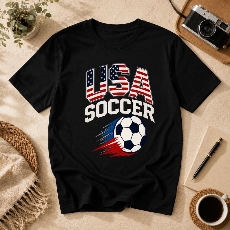 May include: Black t-shirt with a graphic design featuring "USA SOCCER" in white text and a soccer ball with red and blue streaks. The letters "USA" are designed with the American flag.