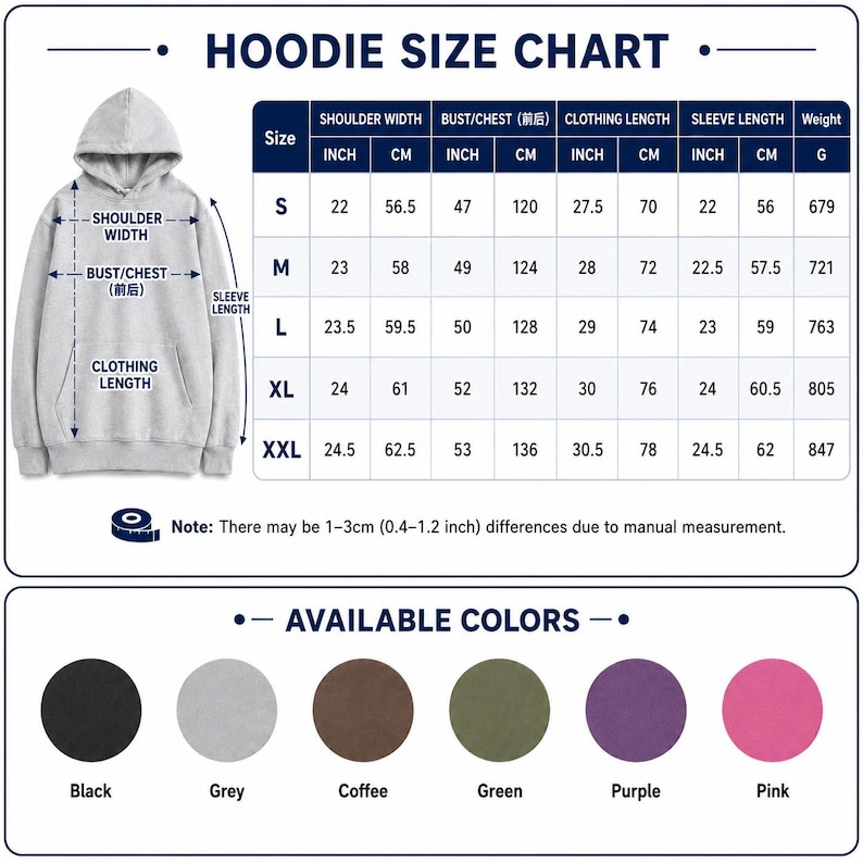 May include: A hoodie size chart with measurements in inches and centimeters. The chart includes shoulder width, bust/chest, clothing length, and sleeve length for sizes S to XXL. Available colors are black, grey, coffee, green, purple, and pink.