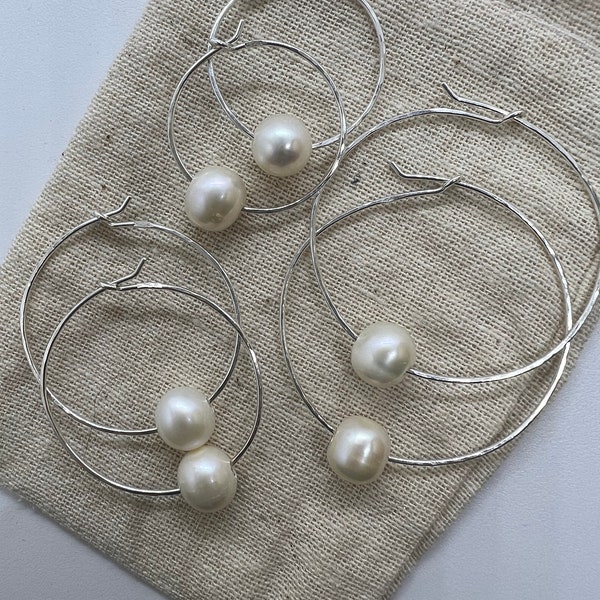 Hoop Floating Pearl Earrings, Minimalist Convertable, Lightly  Hammered Sterling Silver 20g Wire. Wedding earrings, boho #soulfuljewels #128