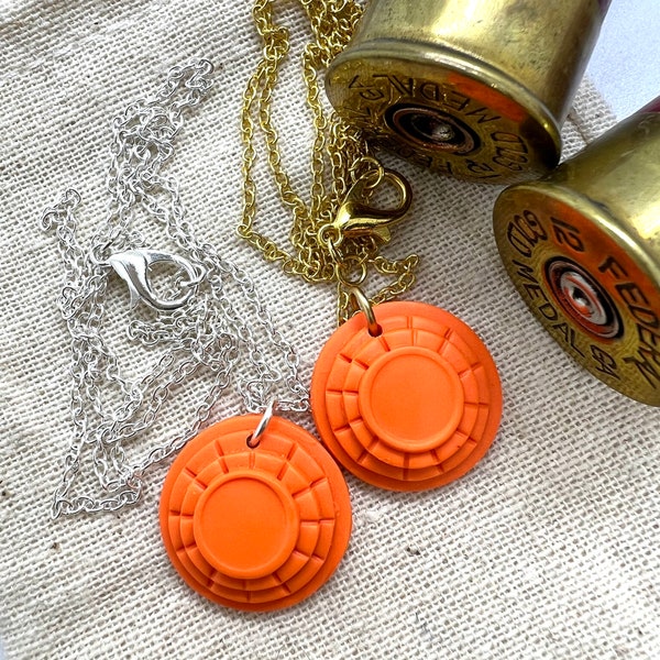 Trap, Skeet, Clay Pigeon Target Orange "White Flyer®"  Necklace and Clay Target Pendant Made from Polymer clay. Original Soulful Jewels #243