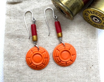 Trap, Skeet, Sporting Clays, Clay Pigeon Target 12g Shotgun earrings "White Flyer®" Orange Clay Target Red shell Made from polymer 018