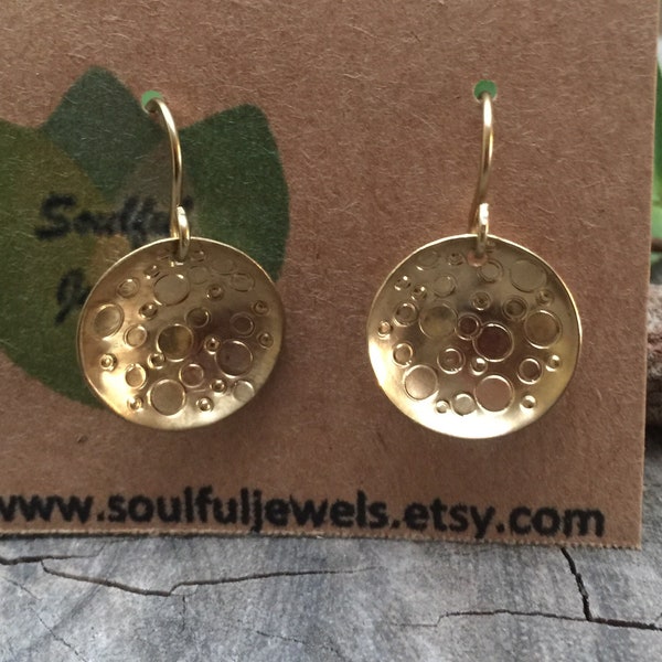 Round Jewelers Brass Stamped Earrings. Anticlastic with circles hammered on them. Light weight earrings minimalist #soulfuljewels #102