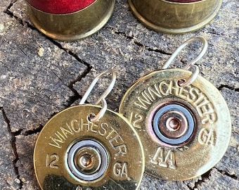 Trap Skeet Sporting Clay Shotgun Shell Earrings repurposed Winchester 12 gauge Spent Brass Shell End,  SoulfulJewels 211