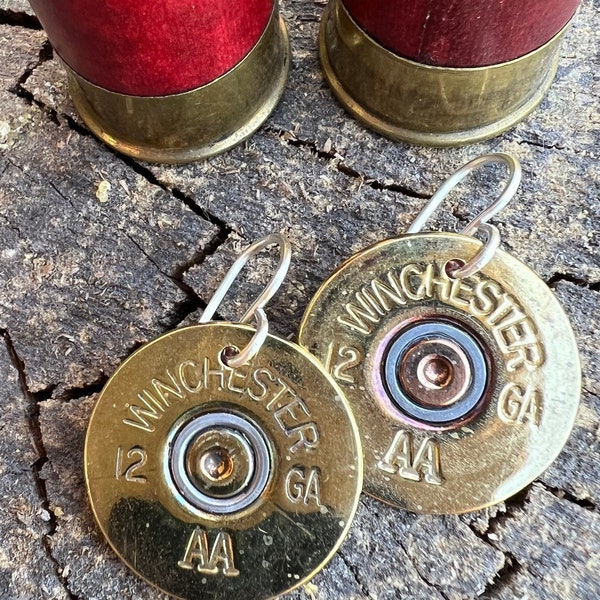 Trap Skeet Sporting Clay Shotgun Shell Earrings repurposed Winchester 12 gauge Spent Brass Shell End,  SoulfulJewels 211