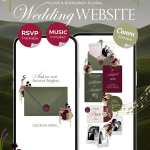 Olive Green & Burgundy Floral Wedding Website Template with RSVP, Countdown and Music: Editable Canva Design (Digital Download)