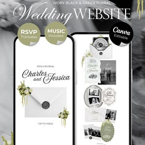 Puede incluir: Diseño de sitio web de boda digital que se muestra en dos teléfonos inteligentes. El diseño presenta un tema floral marfil, negro y verde. Las pantallas muestran opciones de RSVP y música, junto con funciones editables de Canva. El diseño incluye los nombres "Charles y Jessica."