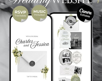 Ivory Black & Green Floral Wedding Website Template with RSVP, Music and Countdown Timer: Editable Canva Design (Digital Download)