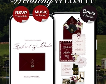 Burgundy Floral Wedding Website Template with RSVP, Music and Countdown Timer: Editable Canva Design (Digital Download)