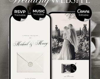 Ivory & Black Minimal Wedding Website Template with RSVP, Music and Coundown Timer: DIY Canva Template (Digital Download)