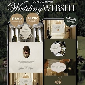 May include: A wedding website design displayed on two smartphones. The design features a green and white color scheme with the text "Wedding WEBSITE" and "James and Mary." The website includes RSVP and music options.