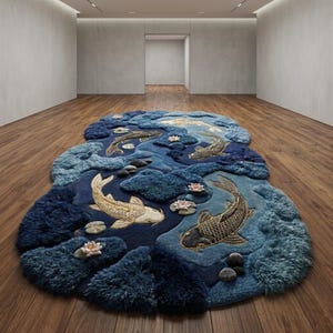 Zen Garden 3D Koi Pond Rug - Premium Hand-Tufted Irregular Wool Carpet | Luxury Aquatic Art for Modern Home Decor & Statement Interiors