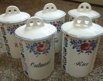 vintage German flowered canister set Coffee, Tea, Sugar, Oatmeal  and Rice