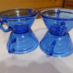 Hazel Atlas  modern tone cobalt blue soup bowls with  handles set of 4