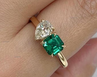 Bague de fiançailles diamant poire Asscher et moissanite 2 carats, alliance Toi et Moi Bague diamant intemporelle Bagues de promesse Bague d'anniversaire pour elle