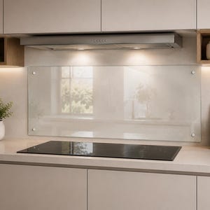 Clear Backsplash from Tempered Glass, Custom Size, Transparent Minimalistic Splashback, Modern Kitchen Interior