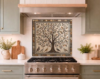 Piastrelle in vetro temperato con stampa "Albero della Vita" per il paraschizzi della cucina, design moderno.