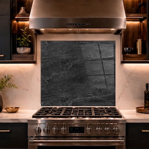 Black Rock Tempered Glass Kitchen Backsplash, Custom Size, Modern Stove Splashback