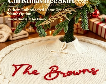 Personlig kabelstickad julgranskjol, broderad namngranskjol, familjehögtidsdekor, personlig julklapp