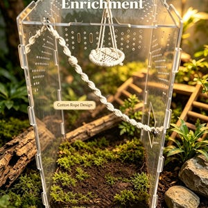 May include: A clear acrylic enclosure for small pets featuring a hanging macrame swing and a diagonal macrame climbing rope. The text reads Handmade Macrame Enrichment, Cotton Rope Design, and Build climbing routes and cozy resting spots for your tiny pet.