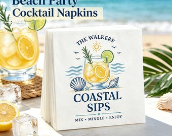 Personalized Beach Party Cocktail Napkins, Custom Family Name Tropical Pool Paper Napkins, Coastal Summer Party Decor