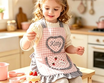 Puede incluir: Un delantal para niños pequeños de cuadros vichy rosas y blancos con un parche en forma de corazón con el nombre Kitty bordado en gris, un bolsillo con motivos de fresas y conejos, y un volante gris en los bordes. El texto Custom Name Kids Apron y Ruffled Gingham Toddler Apron for Baking & Cooking es visible.