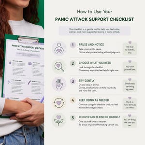 Puede incluir: Un documento de papel blanco titulado Panic Attack Support Checklist sostenido en un portapapeles verde. El documento presenta cinco pasos numerados con iconos e instrucciones de texto para manejar ataques de p&aacute;nico, incluyendo Pause and Notice, Choose What You Need, Try Gently, Keep Using As Needed y Recover and Be Kind to Yourself.
