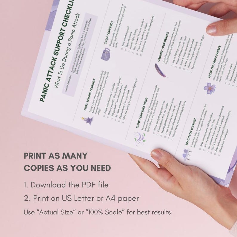 Puede incluir: Un documento de papel blanco titulado Panic Attack Support Checklist: What To Do During a Panic Attack, que presenta secciones sobre t&eacute;cnicas de conexi&oacute;n a tierra, ejercicios de respiraci&oacute;n y pasos de autocuidado con iconos morados.
