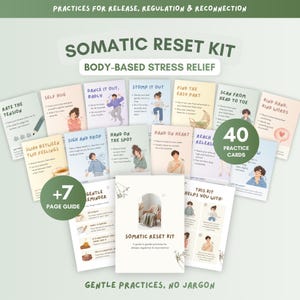 Op de afbeelding: Een somatische reset-kit met 40 oefenkaarten en een gids van 7 pagina's. De kaarten tonen pastelkleurige illustraties en tekst voor lichaamsgerichte stressverlichting, inclusief titels zoals Self Hug, Stomp It Out en Hand on Heart.