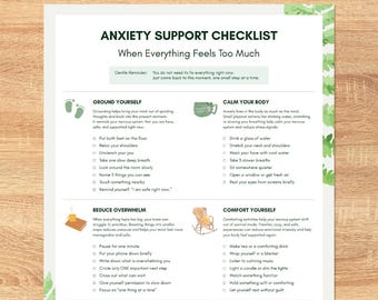 Lista de verificación de apoyo para la ansiedad (imprimible) / PDF de autocuidado de la salud mental / Lista de verificación para calmarse / Herramienta de conexión con el presente para controlar los pensamientos excesivos